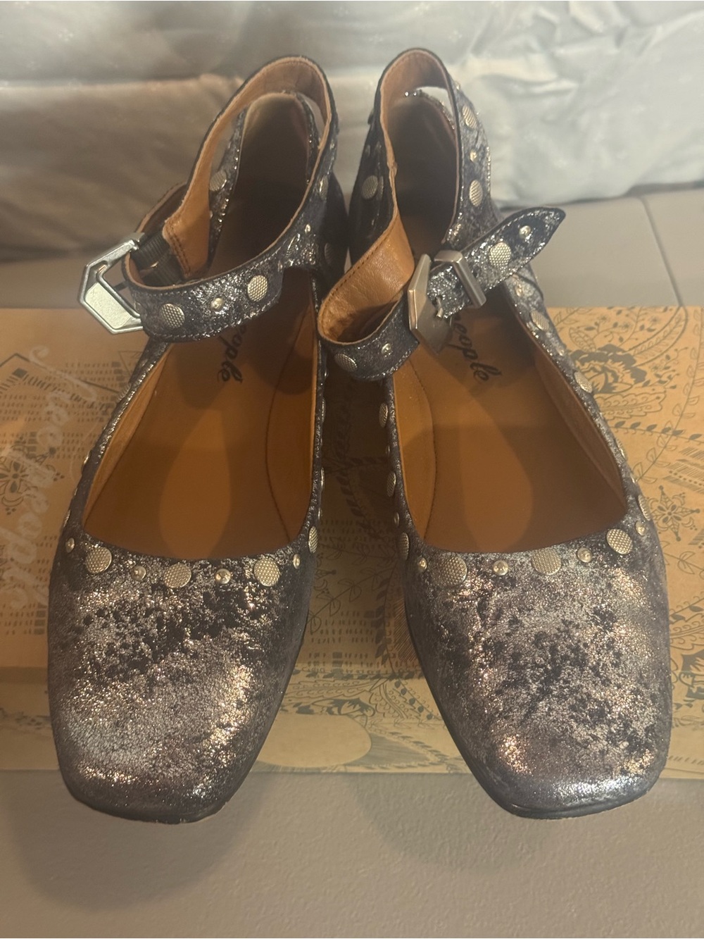 Free People Glittered Silver Mary Jane Flats with Studded Strap